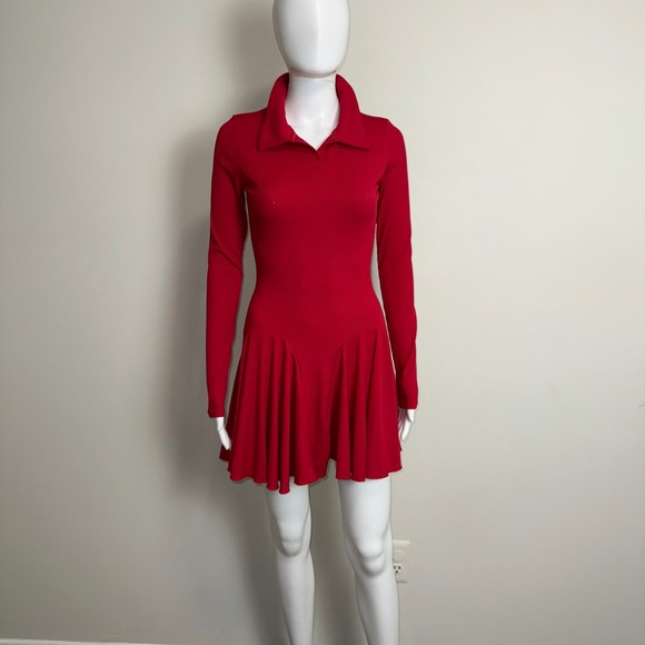 Commense Red Ribbed Knit Mini Dress Long Sleeve Polo Collar Fit and Flare Small - Picture 8 of 17